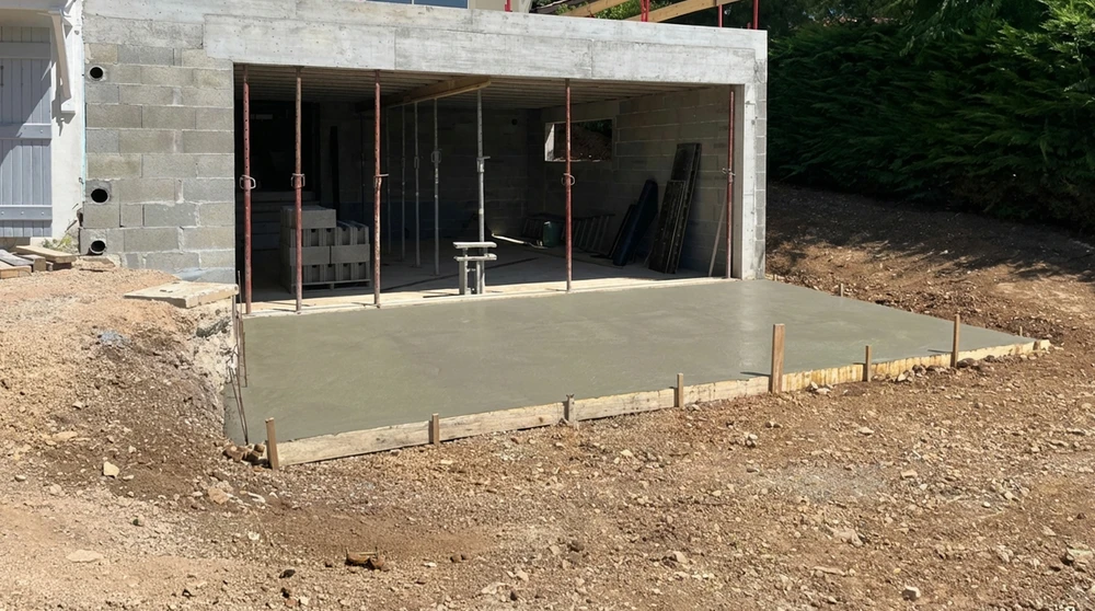 Chantier de construction extérieur, dalle béton fraîchement coulée en avant d'un garage en parpaings