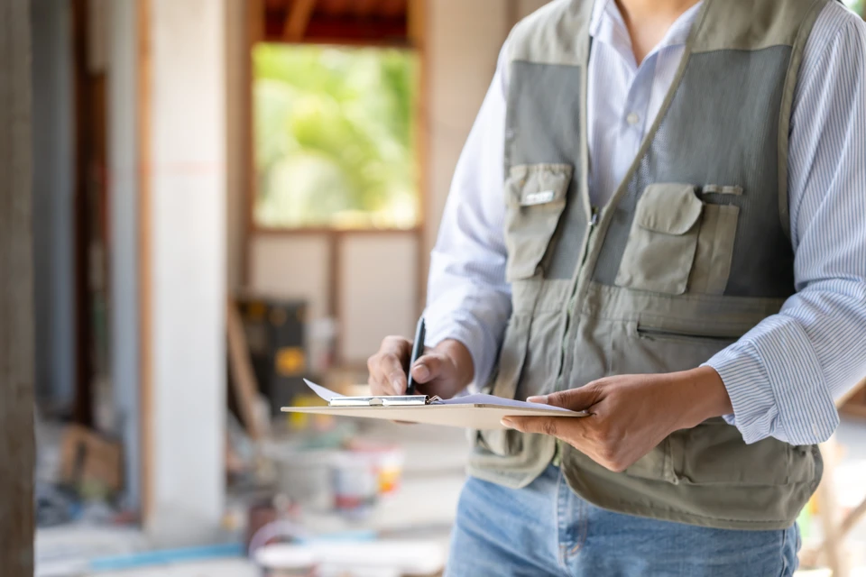 Gros plan professionnel d'une table de travail avec des documents techniques étalés : rapports d'intervention imprimés avec photos avant et après de chantiers de maçonnerie, devis détaillés, et plans annotés. Un stylo et une calculatrice sont posés sur les documents. La scène baigne dans une lumière naturelle douce, donnant une impression d'ordre, de professionnalisme et de rigueur administrative.