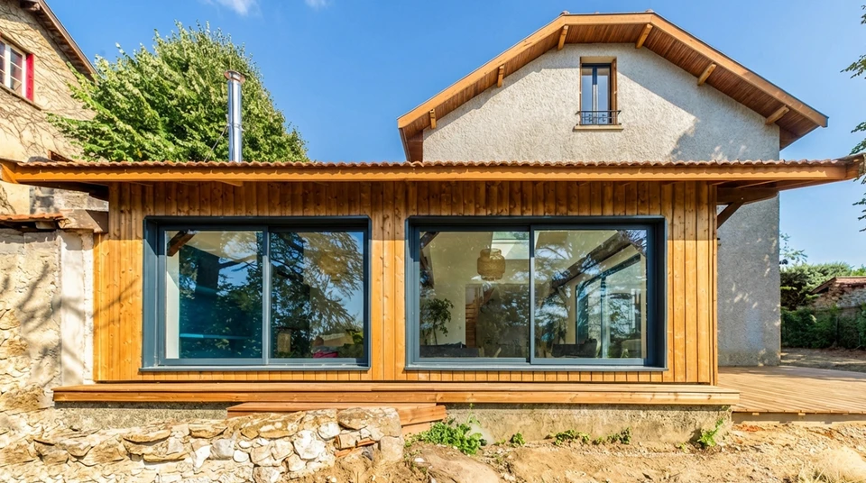 Maison contemporaine avec extension moderne située sur terrain paysager avec pelouse verte