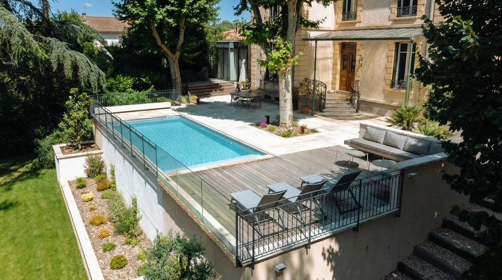 Terrasse en bois composite IPE entourant une piscine rectangulaire couverte d'un volet immergé automatique à lames rigides en polycarbonate