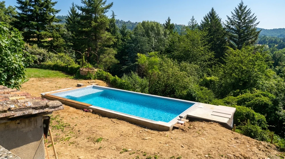 Piscine rectangulaire semi-enterrée installée sur un terrain en pente, entourée d'une végétation dense et d'un panorama boisé