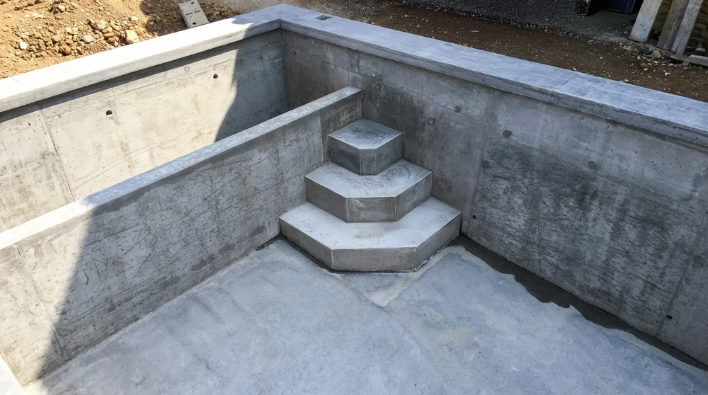 Chantier extérieur, piscine en béton coulé en cours de construction