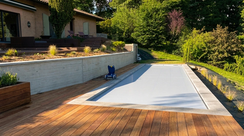 Piscine rectangulaire semi-enterrée installée sur un terrain en pente, entourée d'une végétation dense et d'un panorama boisé