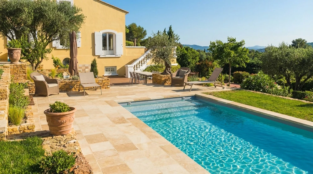 Piscine rectangulaire semi-enterrée installée sur un terrain en pente, entourée d'une végétation dense et d'un panorama boisé